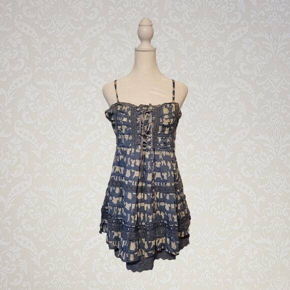 Soho Chiek, S | Babydoll Boho Corset Lace Laundry Print Mini Dress NWT - Picture 1 of 5
